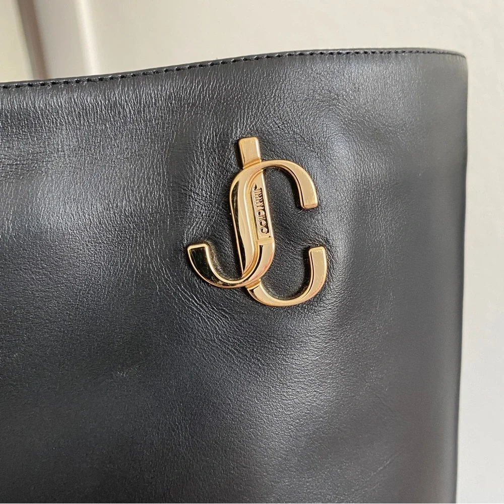Jimmy choo black leather logo Knee high boots